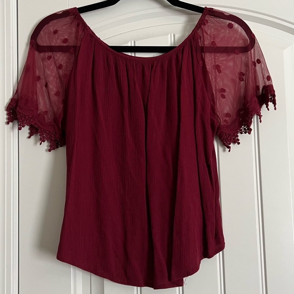 Papaya Burgundy Boho Blouse Sheer Lace Puff Sleeve Top Rayon Size Large